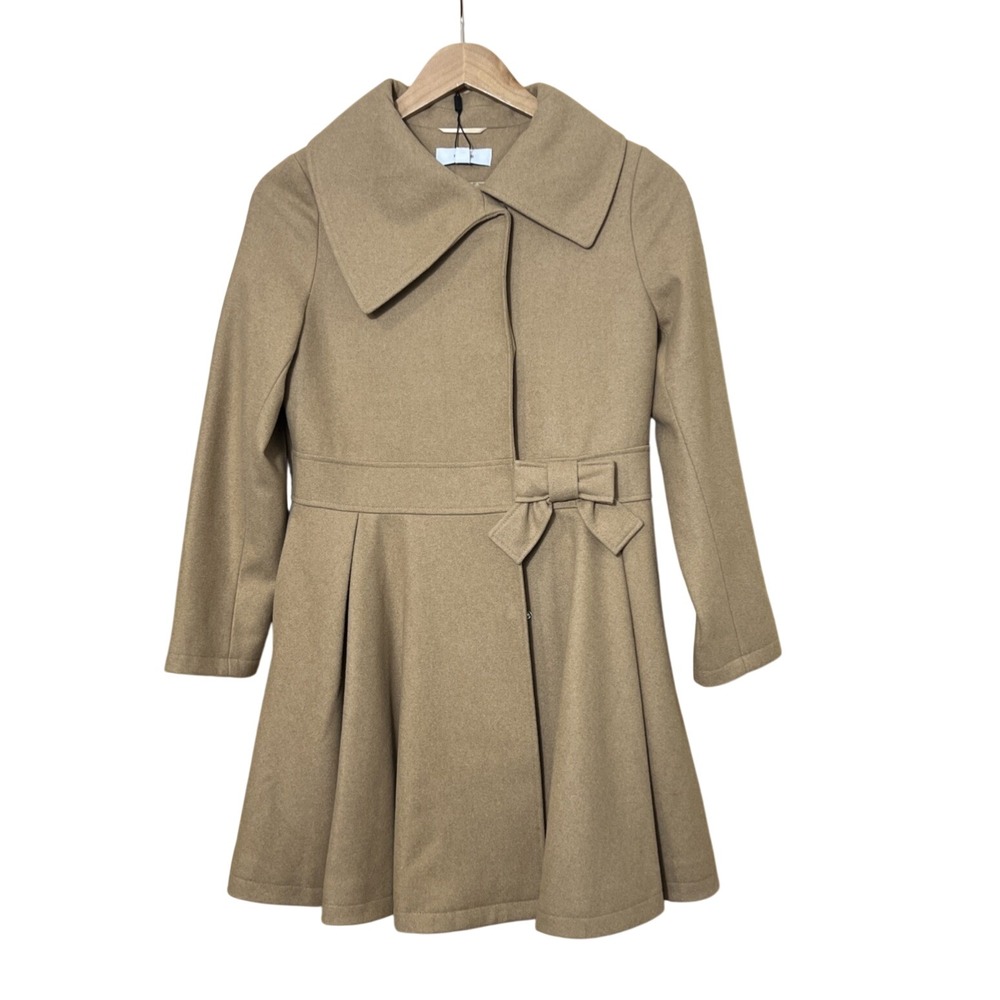 Reiss Kids Girls Size 12 Camel Wool Blend Fit‎ and Flare Bow Dress Coat New!